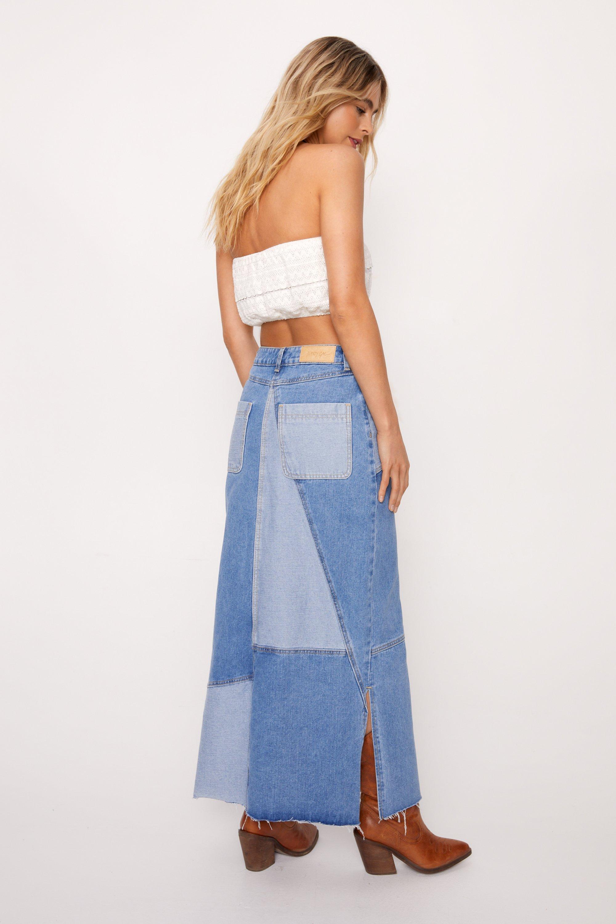 Patchwork denim hot sale maxi skirt